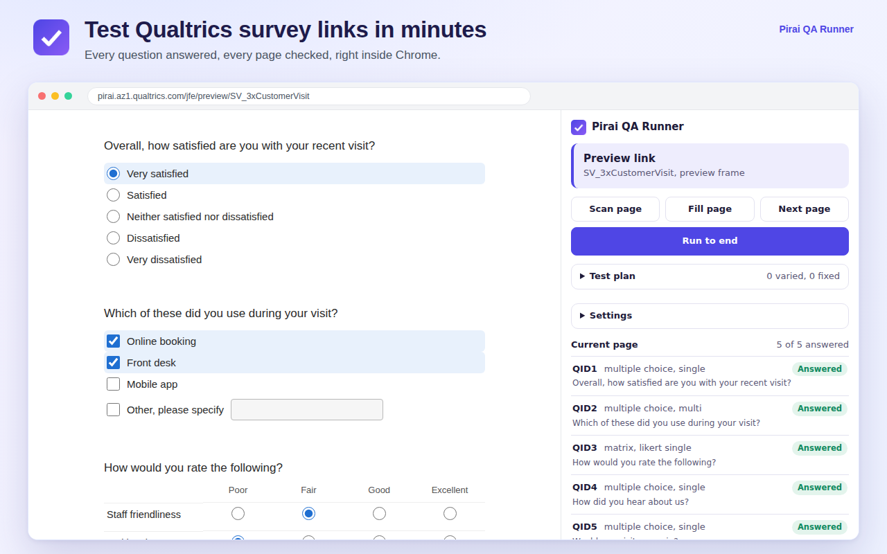 Every question answered on the page, with each one confirmed in the panel.